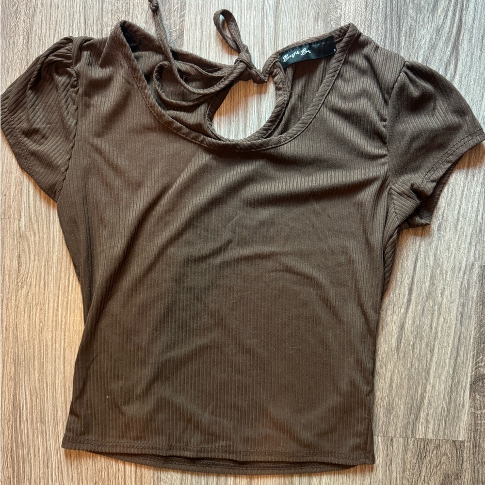Brit & Bri Brown Ribbed Tie Back Crop Top Small